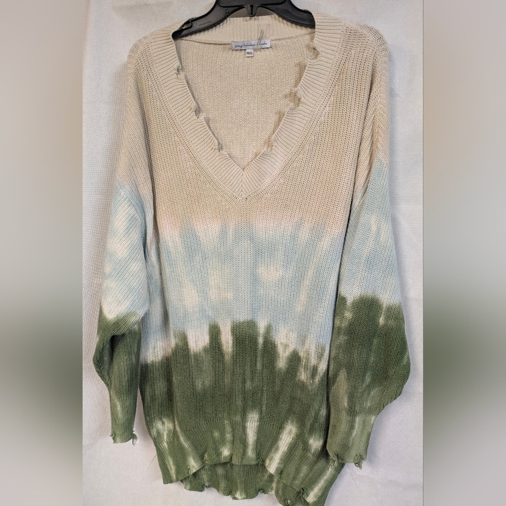 Young Fabulous & Broke Beige and Green V-Neck Sweater